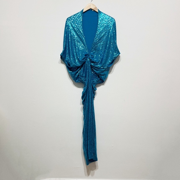 Dodo Bar Or Kimel Sequined Blue Glitter Sparkle Draped Gathered Midi Dress 4 - Picture 1 of 4